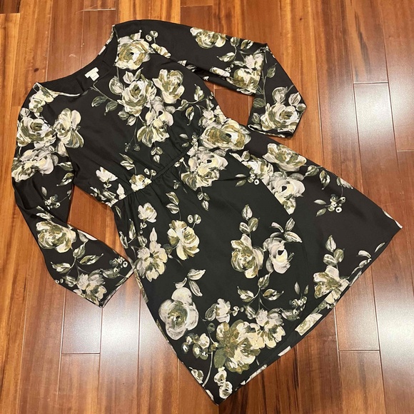 Dresses & Skirts - J Crew Black Floral Long Sleeve Elastic Waist Dress Knee Length Midi Mini Size 8